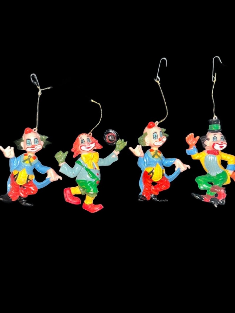 Mid-Century Hand Painted Plastic Clown Ornaments Set Of 4 Vintage